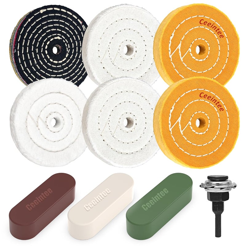 Ceeintee 10Pcs 4'' Buffing Polishing Wheel with 1/4‘’ Drill Shank， Include 1/2" Arbor Hole 2 Yellow Cotton/2 White Cotton Polish Wheels/1 Soft Flannel Buffing Wheel/1 Denim Wheel &3 Polishing Compound - Image 1